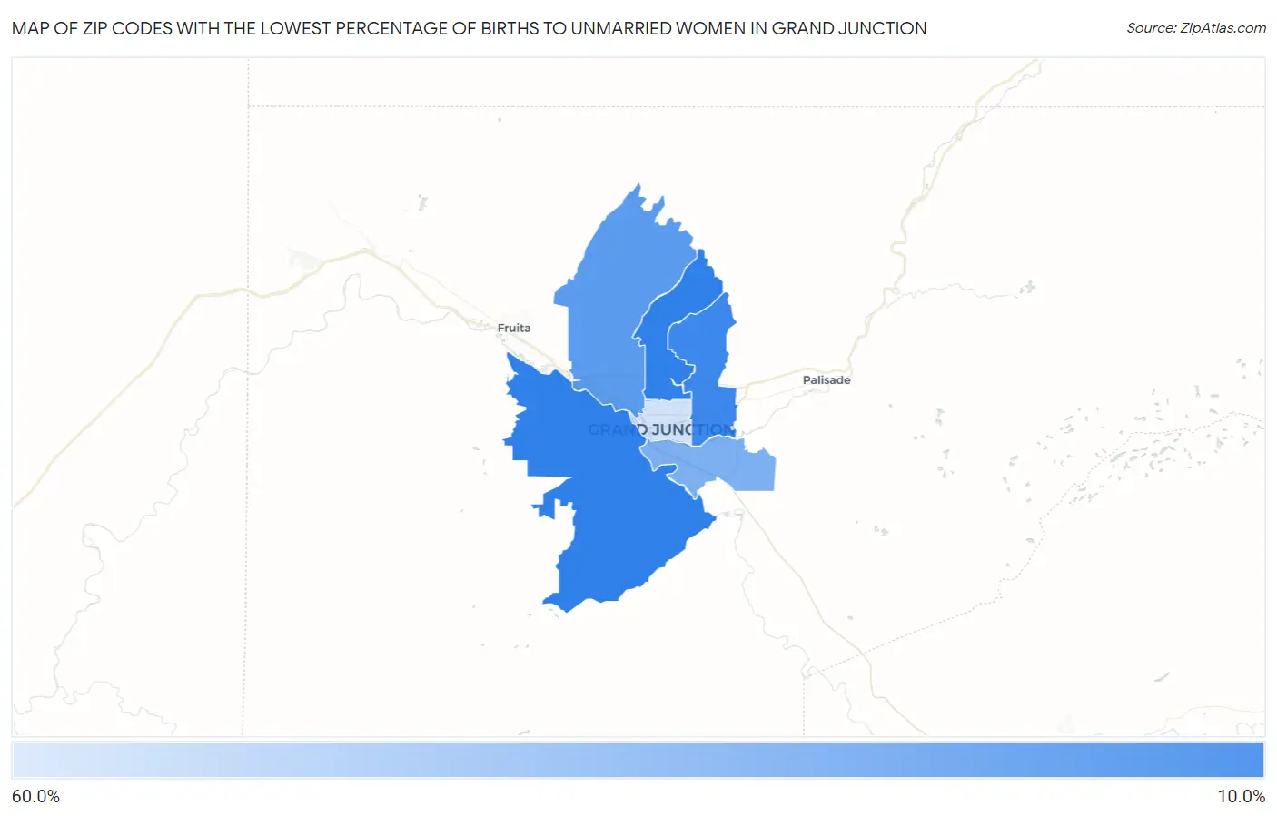 Zip Codes with the Lowest Percentage of Births to Unmarried Women in Grand Junction Map