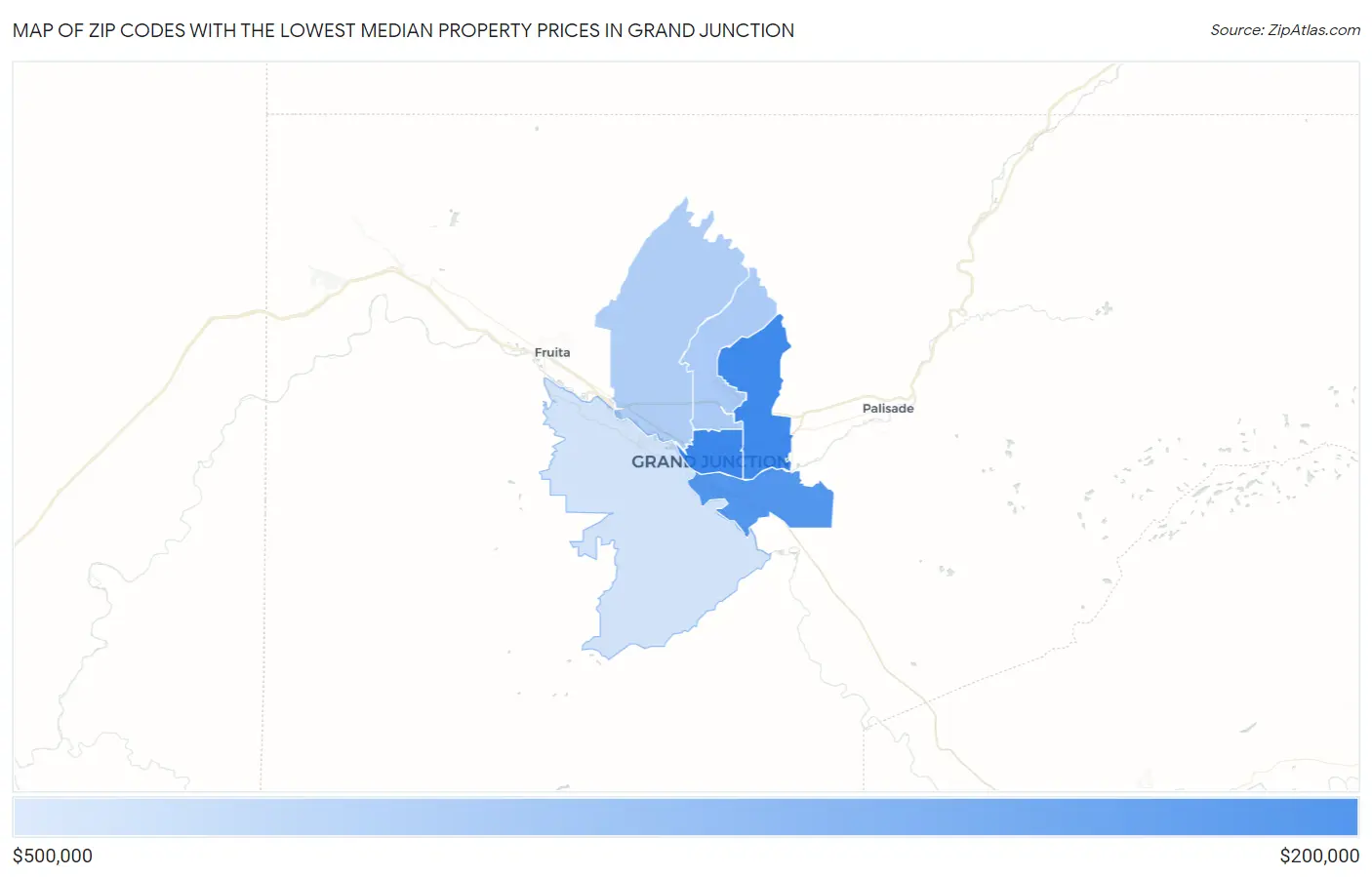Zip Codes with the Lowest Median Property Prices in Grand Junction Map