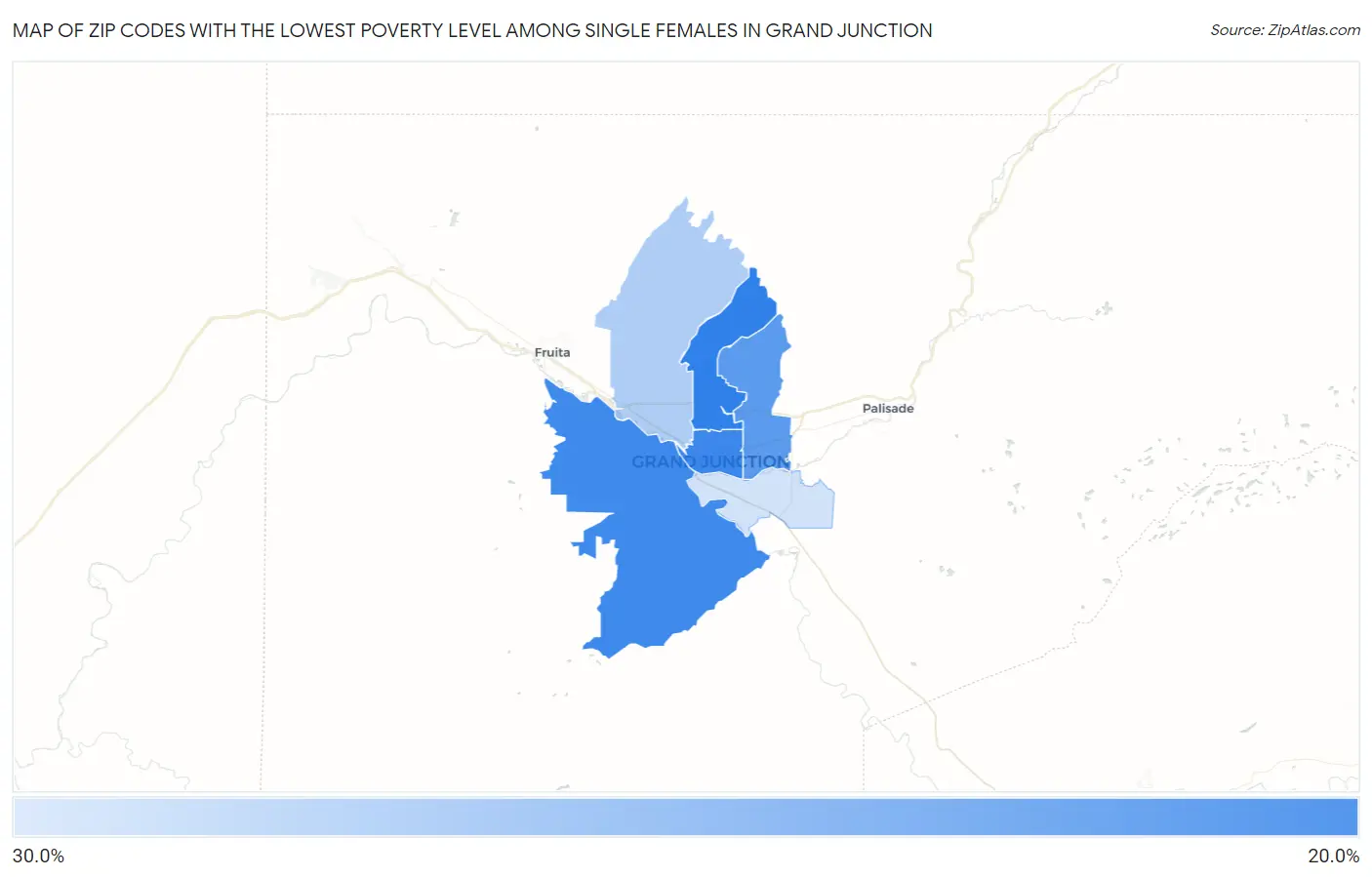 Zip Codes with the Lowest Poverty Level Among Single Females in Grand Junction Map