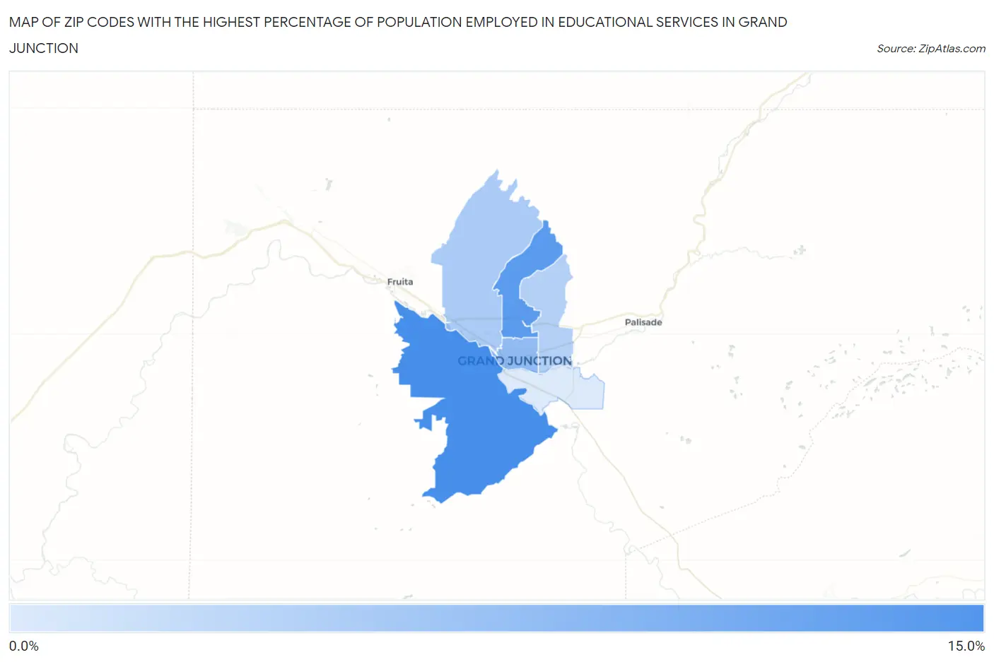 Zip Codes with the Highest Percentage of Population Employed in Educational Services in Grand Junction Map