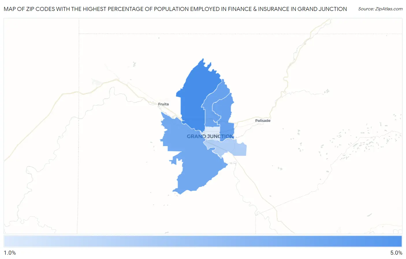 Zip Codes with the Highest Percentage of Population Employed in Finance & Insurance in Grand Junction Map