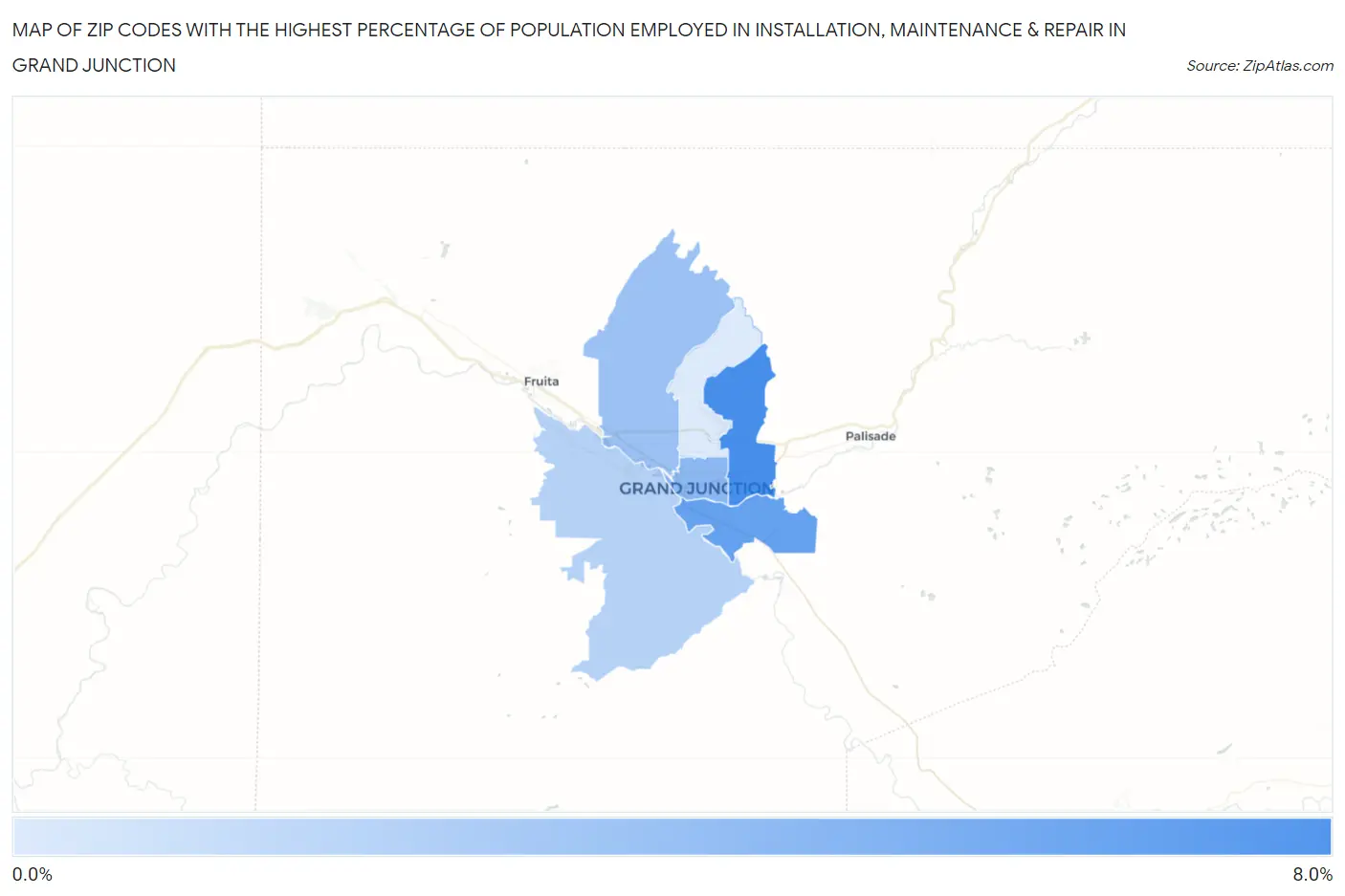 Zip Codes with the Highest Percentage of Population Employed in Installation, Maintenance & Repair in Grand Junction Map