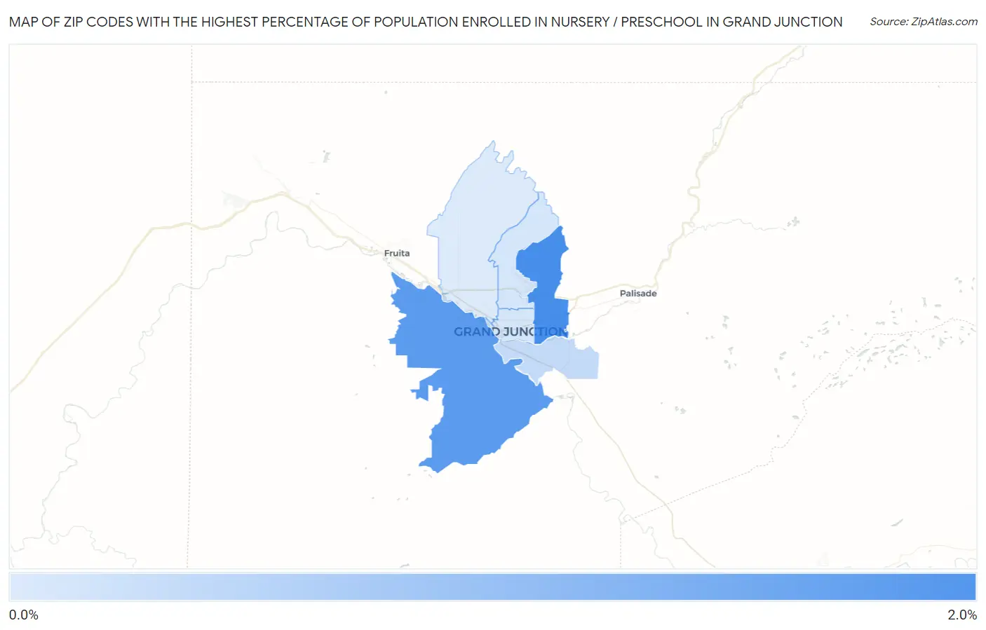 Zip Codes with the Highest Percentage of Population Enrolled in Nursery / Preschool in Grand Junction Map