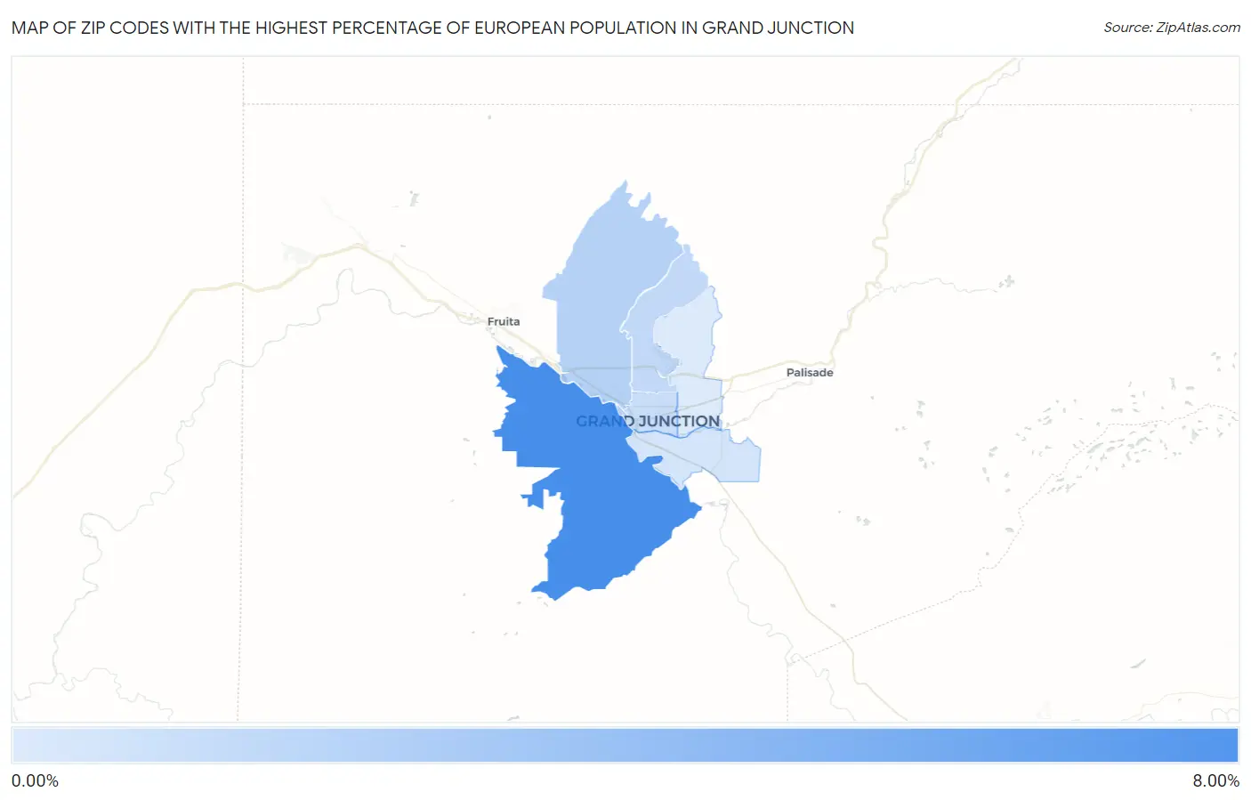 Zip Codes with the Highest Percentage of European Population in Grand Junction Map
