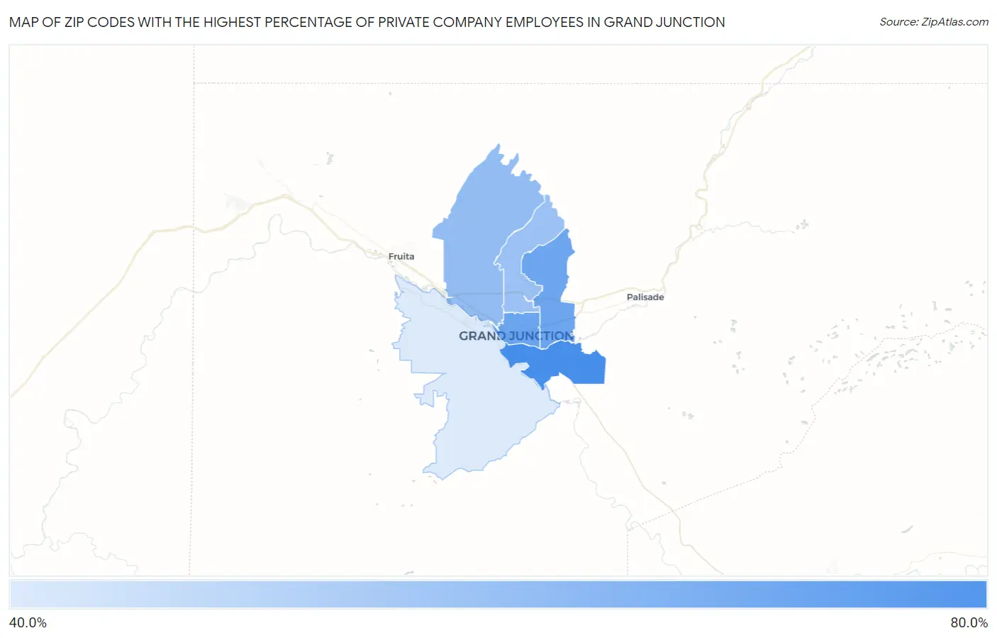 Zip Codes with the Highest Percentage of Private Company Employees in Grand Junction Map