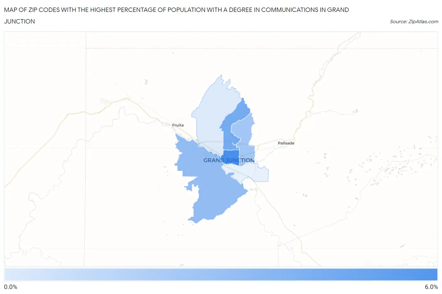 Zip Codes with the Highest Percentage of Population with a Degree in Communications in Grand Junction Map