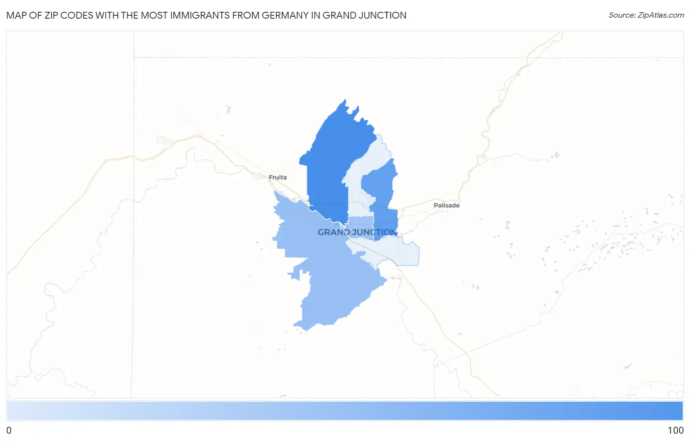 Zip Codes with the Most Immigrants from Germany in Grand Junction Map