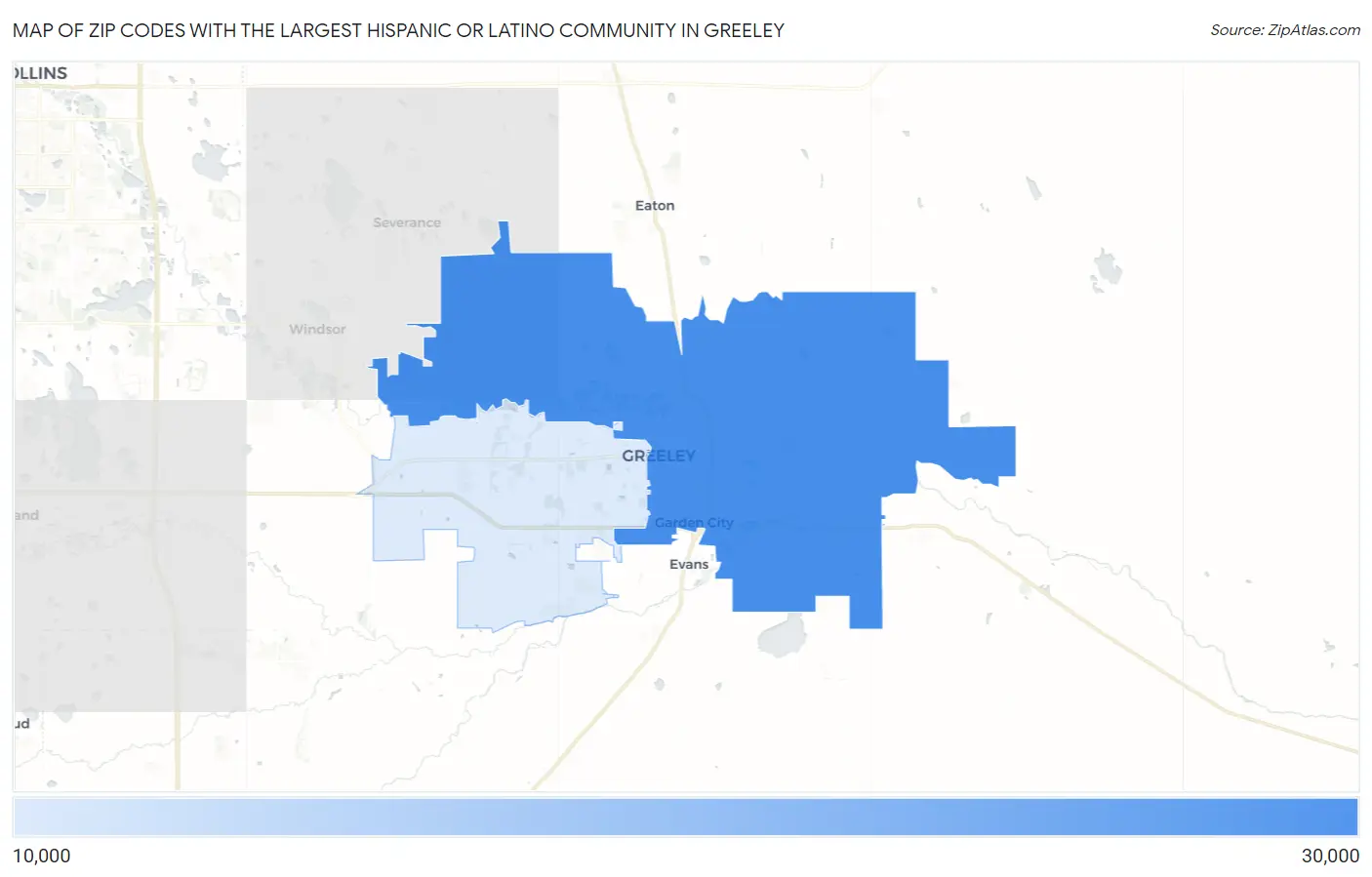 Zip Codes with the Largest Hispanic or Latino Community in Greeley Map