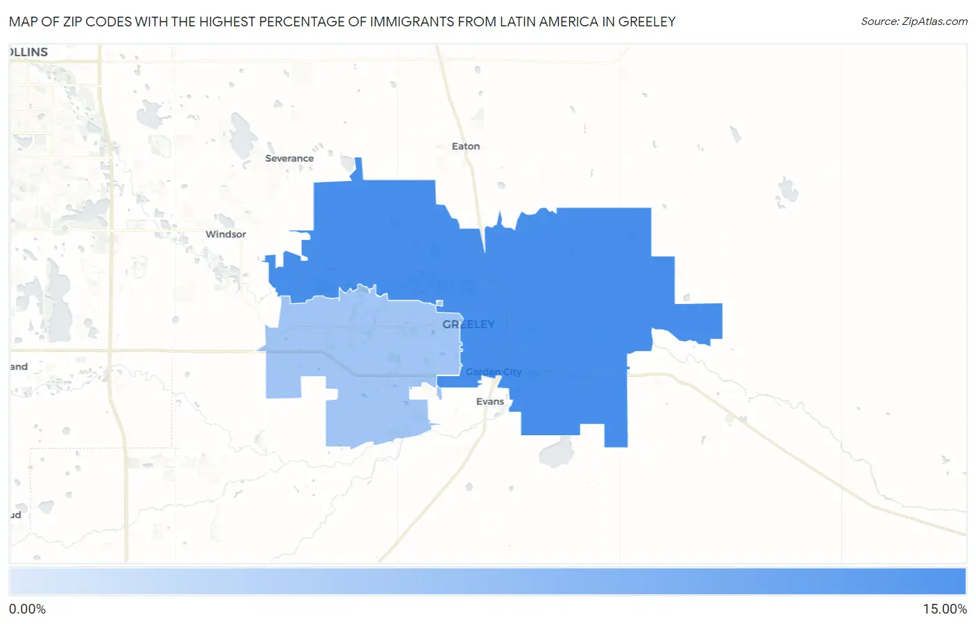 Zip Codes with the Highest Percentage of Immigrants from Latin America in Greeley Map