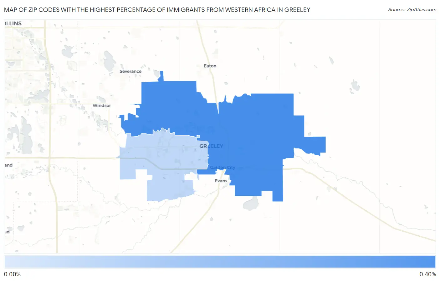 Zip Codes with the Highest Percentage of Immigrants from Western Africa in Greeley Map