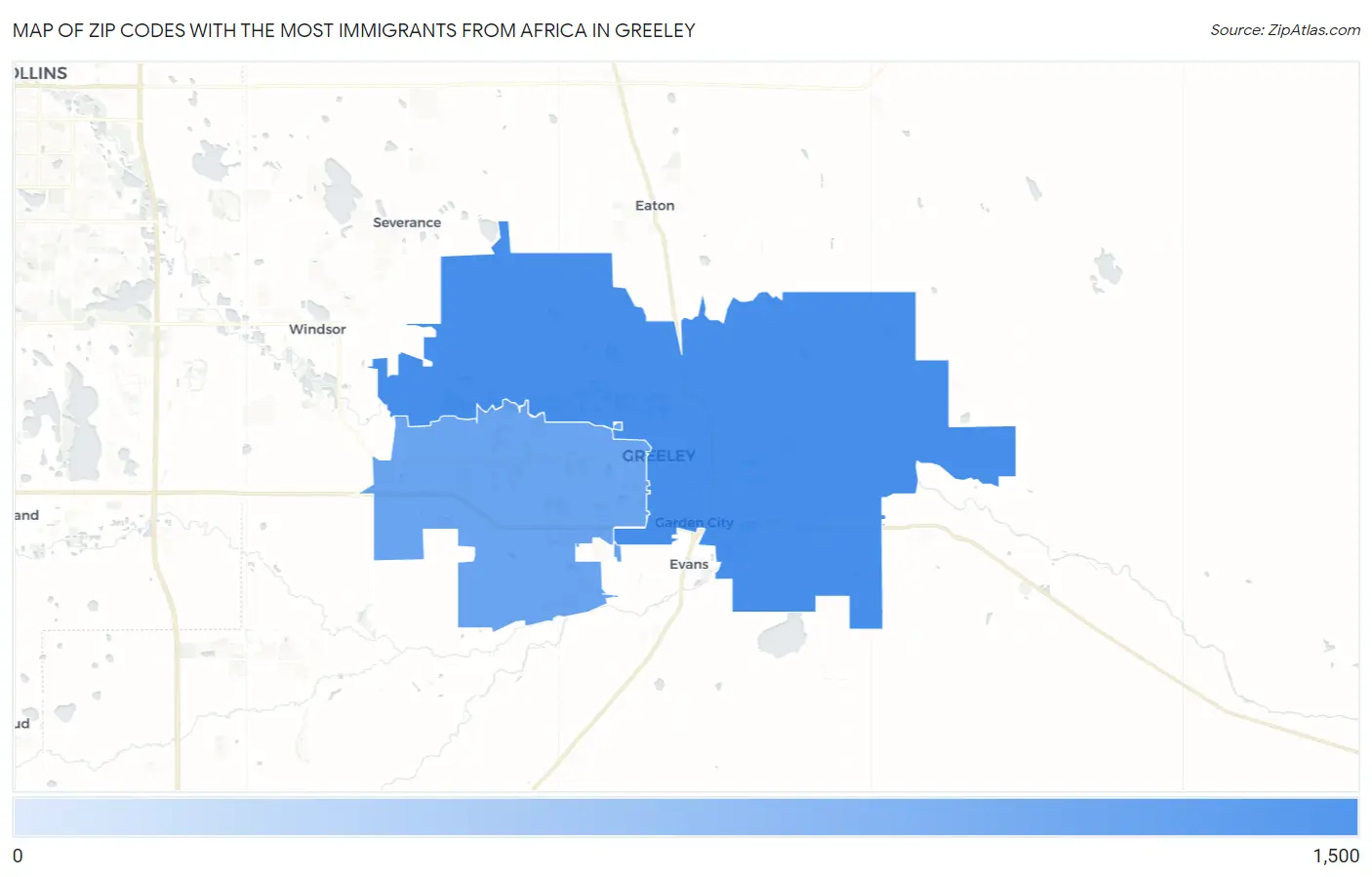 Zip Codes with the Most Immigrants from Africa in Greeley Map