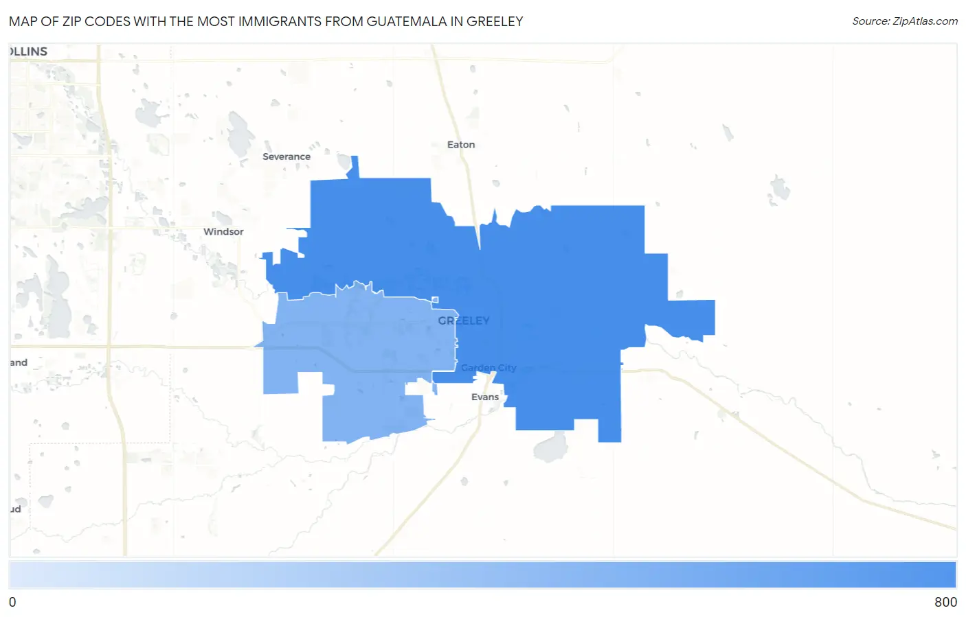 Zip Codes with the Most Immigrants from Guatemala in Greeley Map
