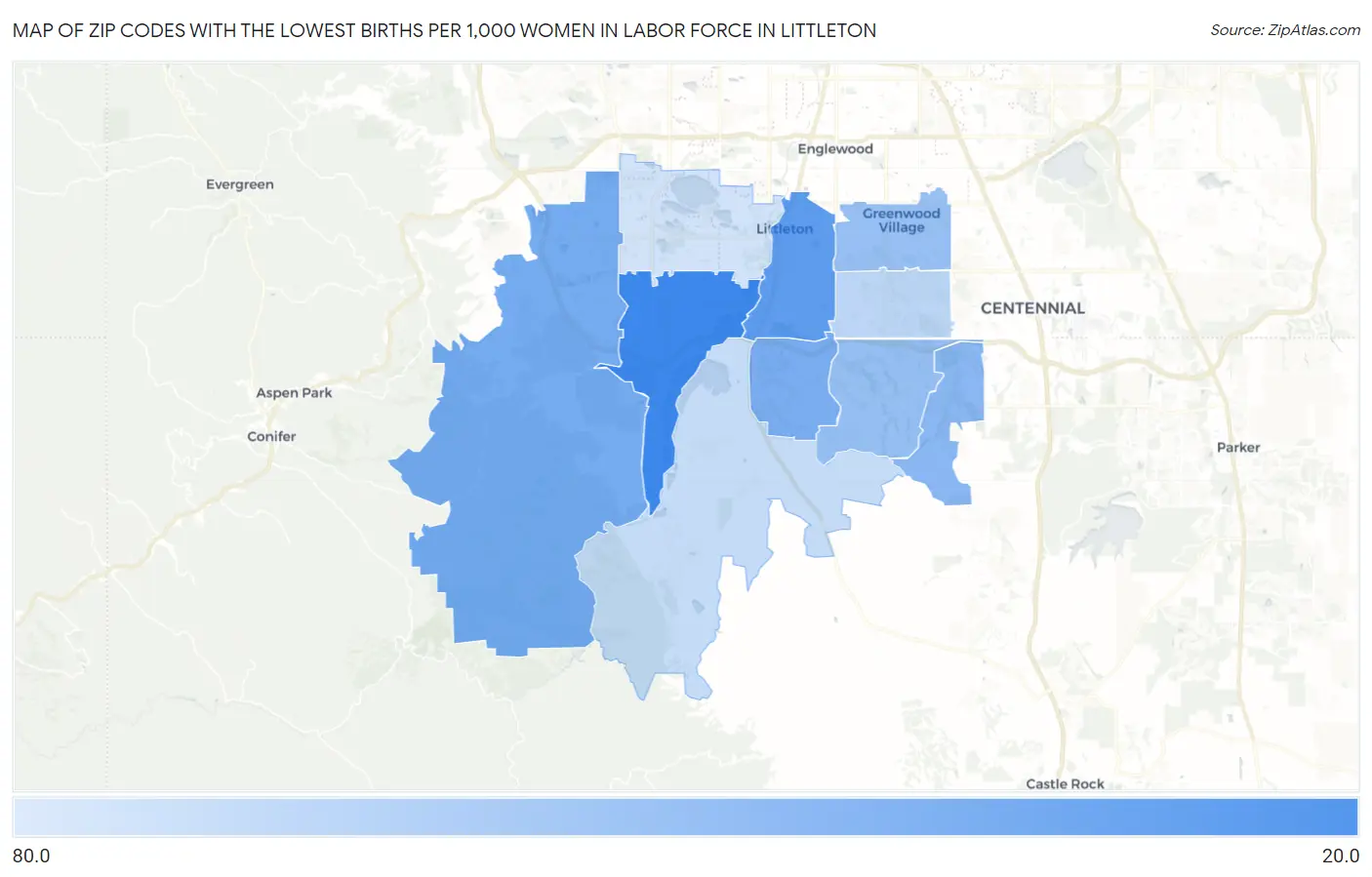 Zip Codes with the Lowest Births per 1,000 Women in Labor Force in Littleton Map