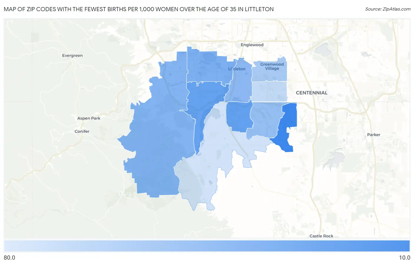 Zip Codes with the Fewest Births per 1,000 Women Over the Age of 35 in Littleton Map