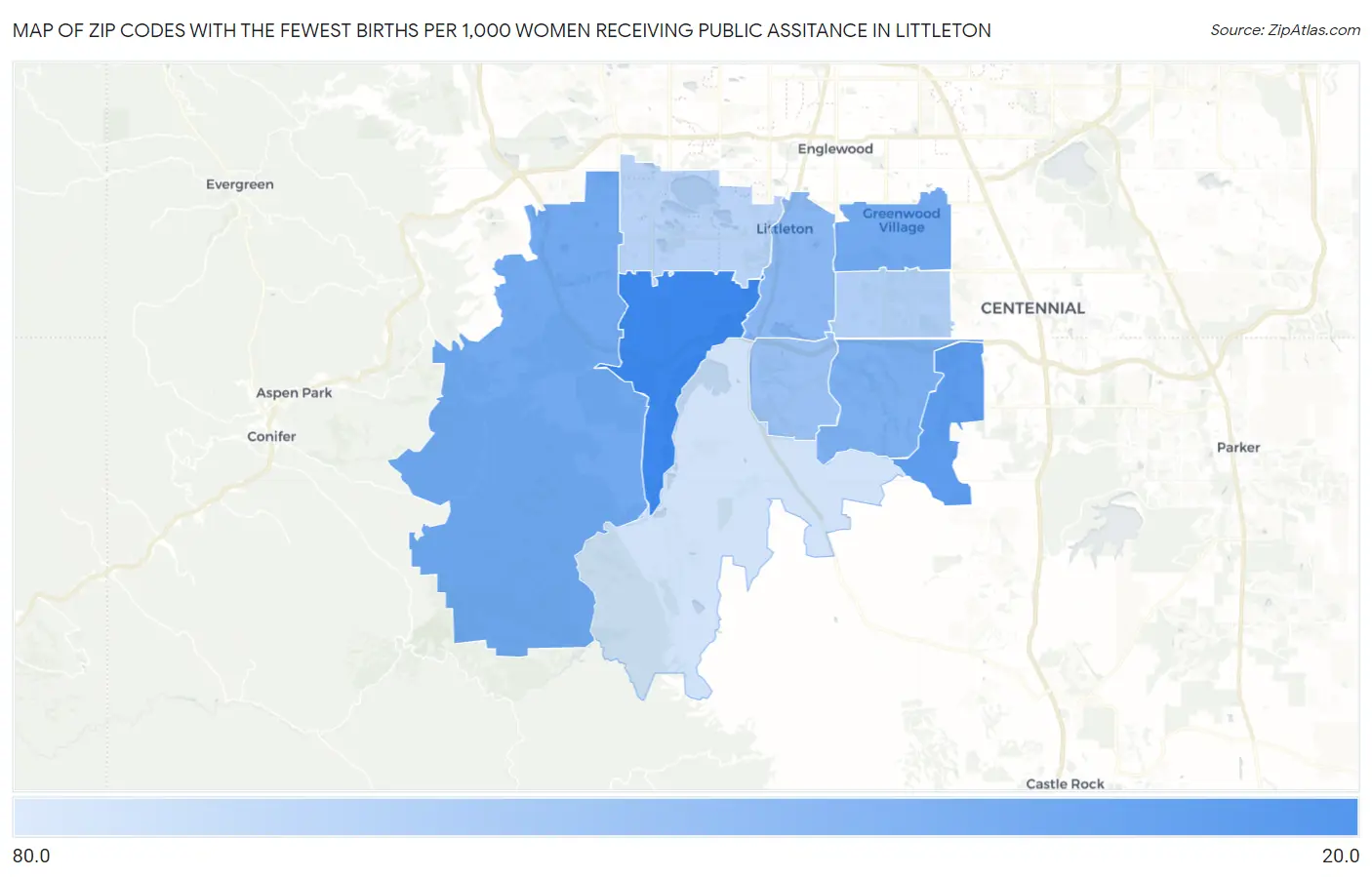Zip Codes with the Fewest Births per 1,000 Women Receiving Public Assitance in Littleton Map