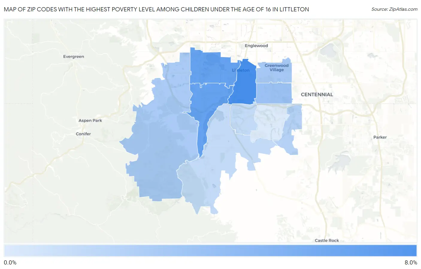 Zip Codes with the Highest Poverty Level Among Children Under the Age of 16 in Littleton Map