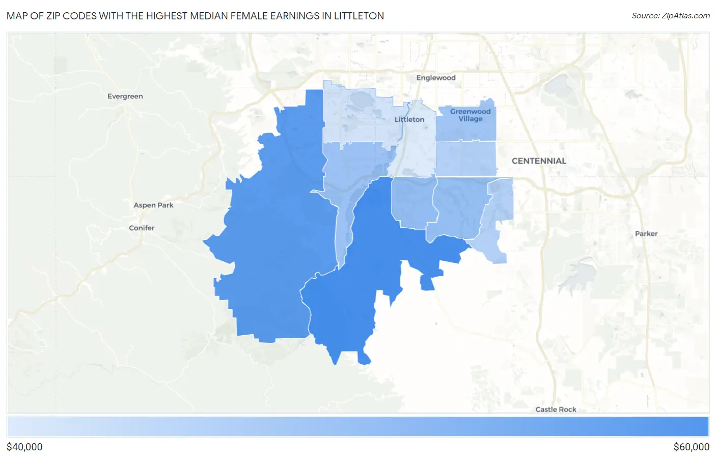 Zip Codes with the Highest Median Female Earnings in Littleton Map