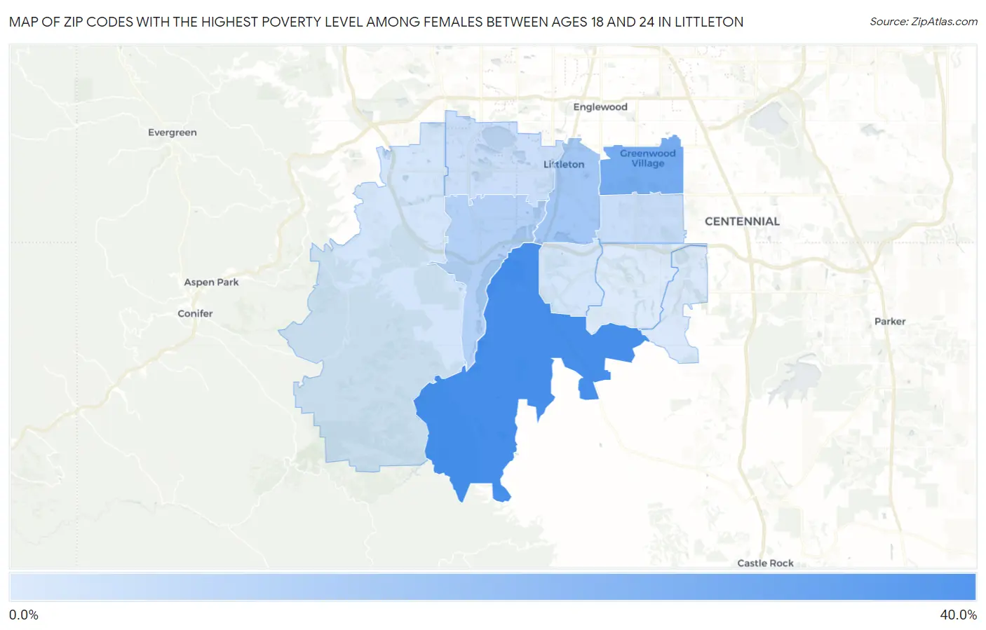 Zip Codes with the Highest Poverty Level Among Females Between Ages 18 and 24 in Littleton Map