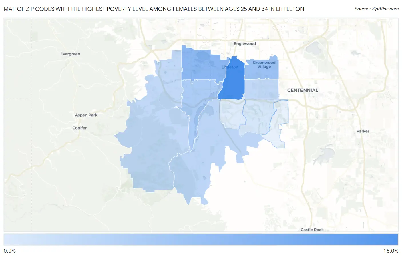 Zip Codes with the Highest Poverty Level Among Females Between Ages 25 and 34 in Littleton Map