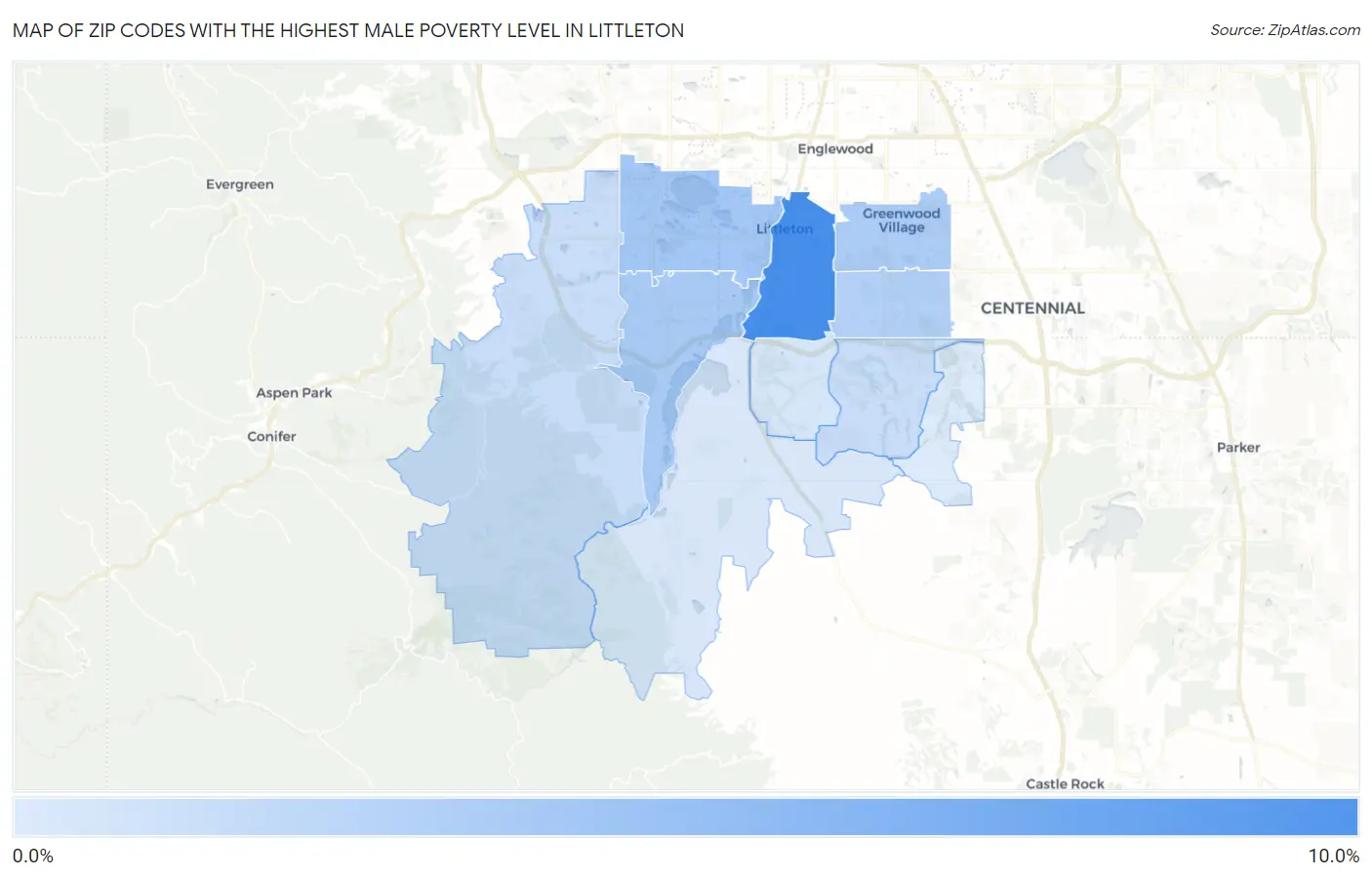 Zip Codes with the Highest Male Poverty Level in Littleton Map