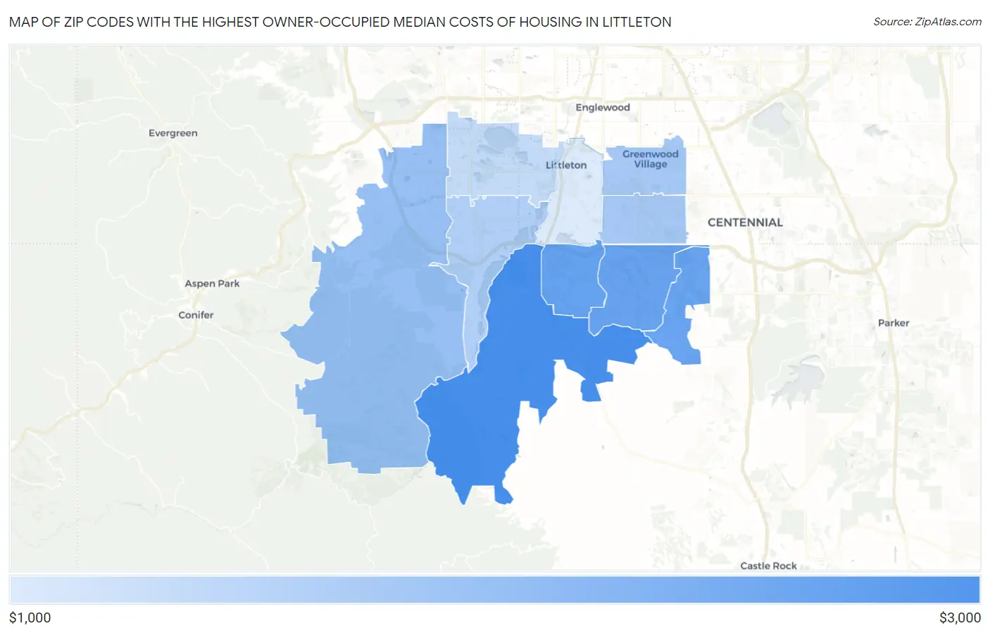 Zip Codes with the Highest Owner-Occupied Median Costs of Housing in Littleton Map