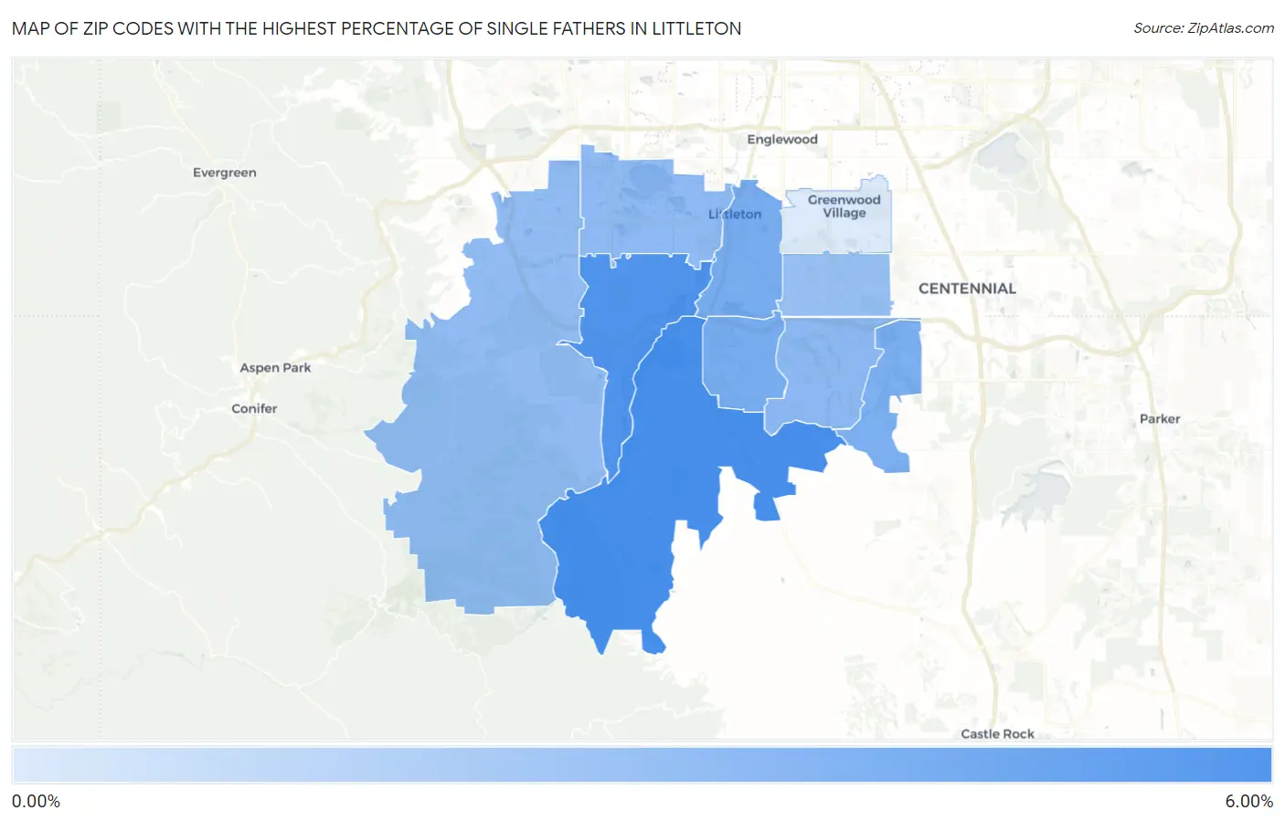Zip Codes with the Highest Percentage of Single Fathers in Littleton Map