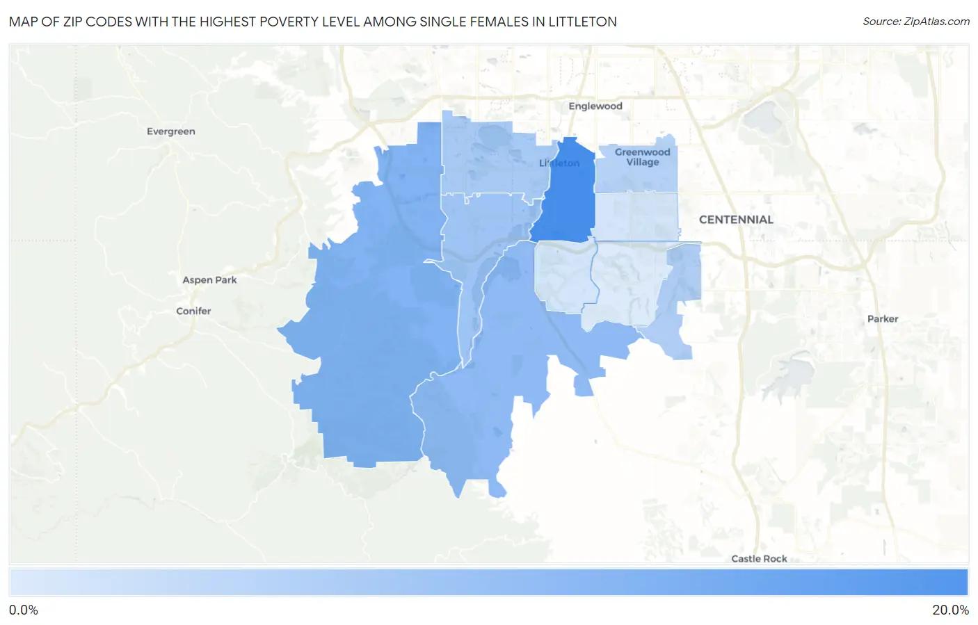 Zip Codes with the Highest Poverty Level Among Single Females in Littleton Map