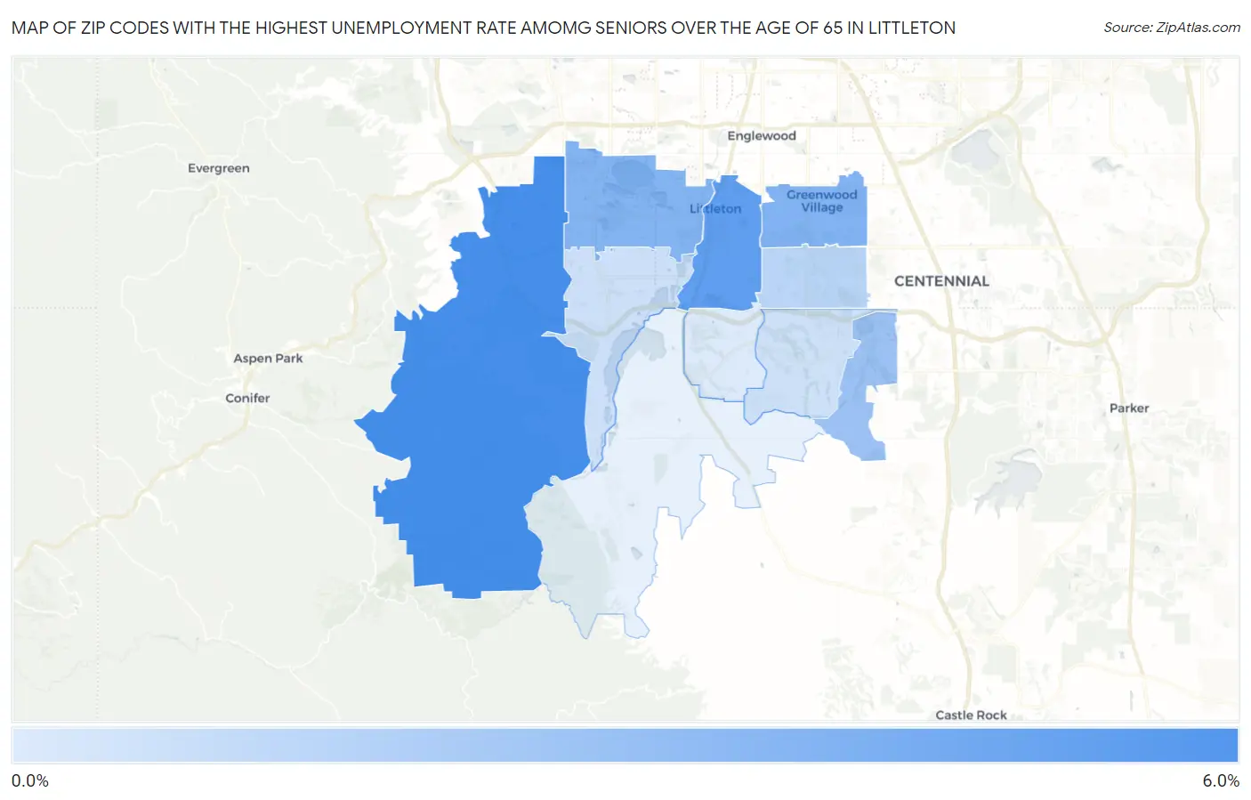 Zip Codes with the Highest Unemployment Rate Amomg Seniors Over the Age of 65 in Littleton Map