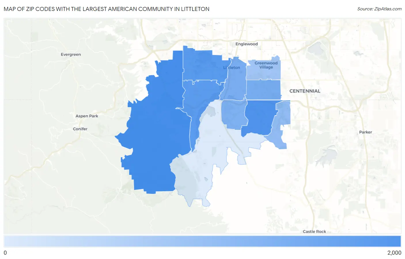 Zip Codes with the Largest American Community in Littleton Map