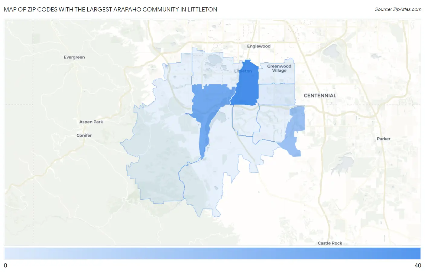 Zip Codes with the Largest Arapaho Community in Littleton Map