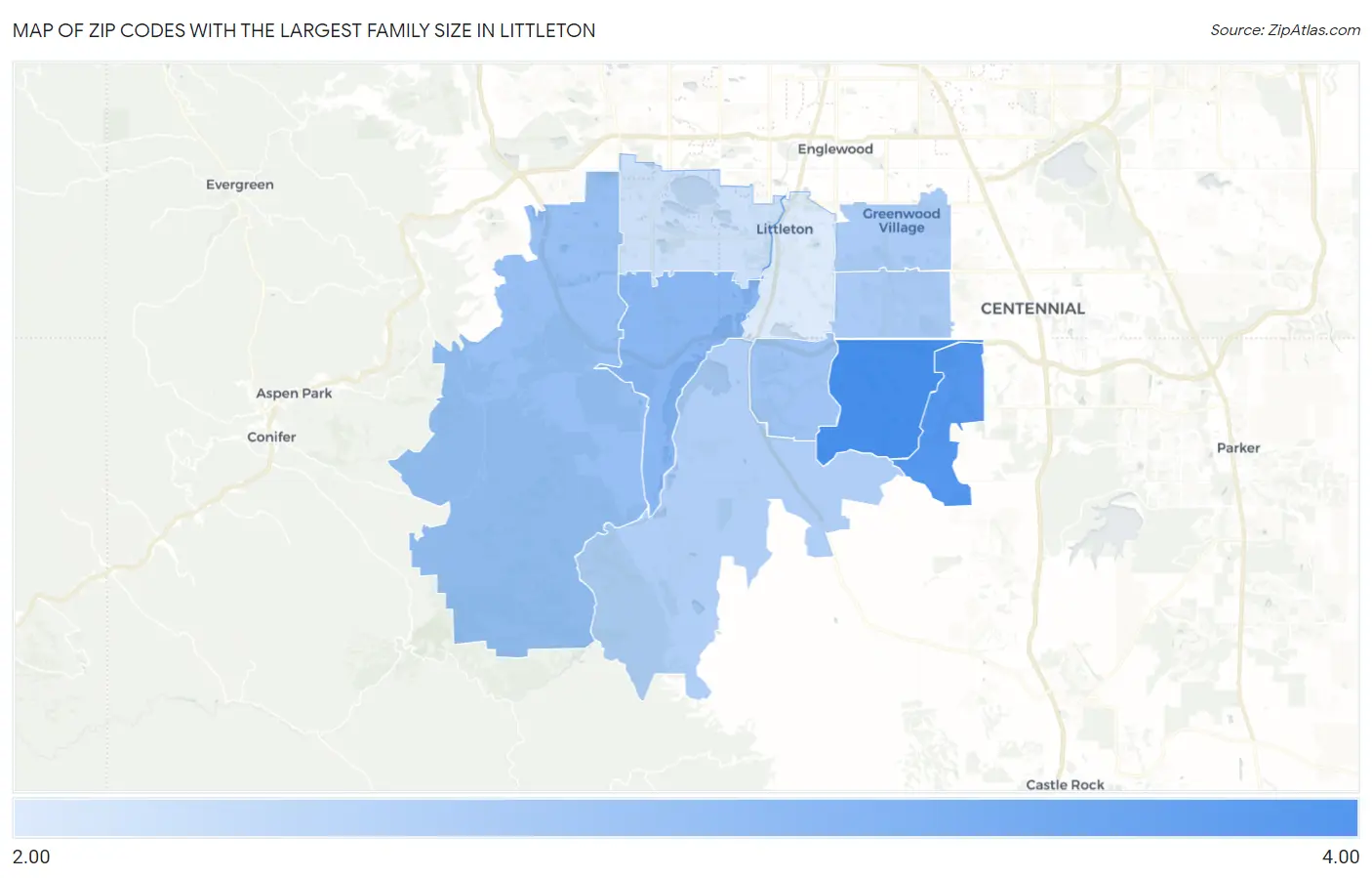 Zip Codes with the Largest Family Size in Littleton Map