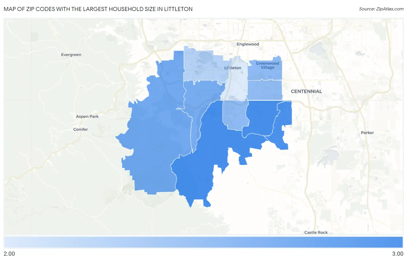 Zip Codes with the Largest Household Size in Littleton Map