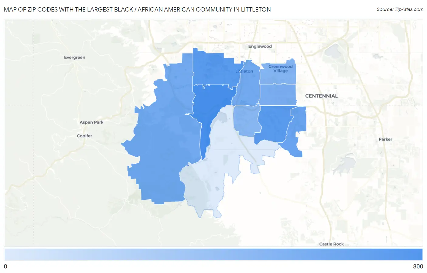 Zip Codes with the Largest Black / African American Community in Littleton Map