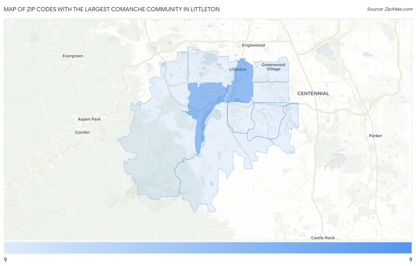 Zip Codes with the Largest Comanche Community in Littleton Map