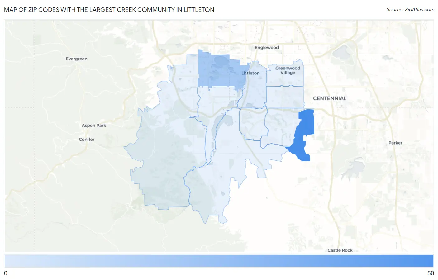 Zip Codes with the Largest Creek Community in Littleton Map