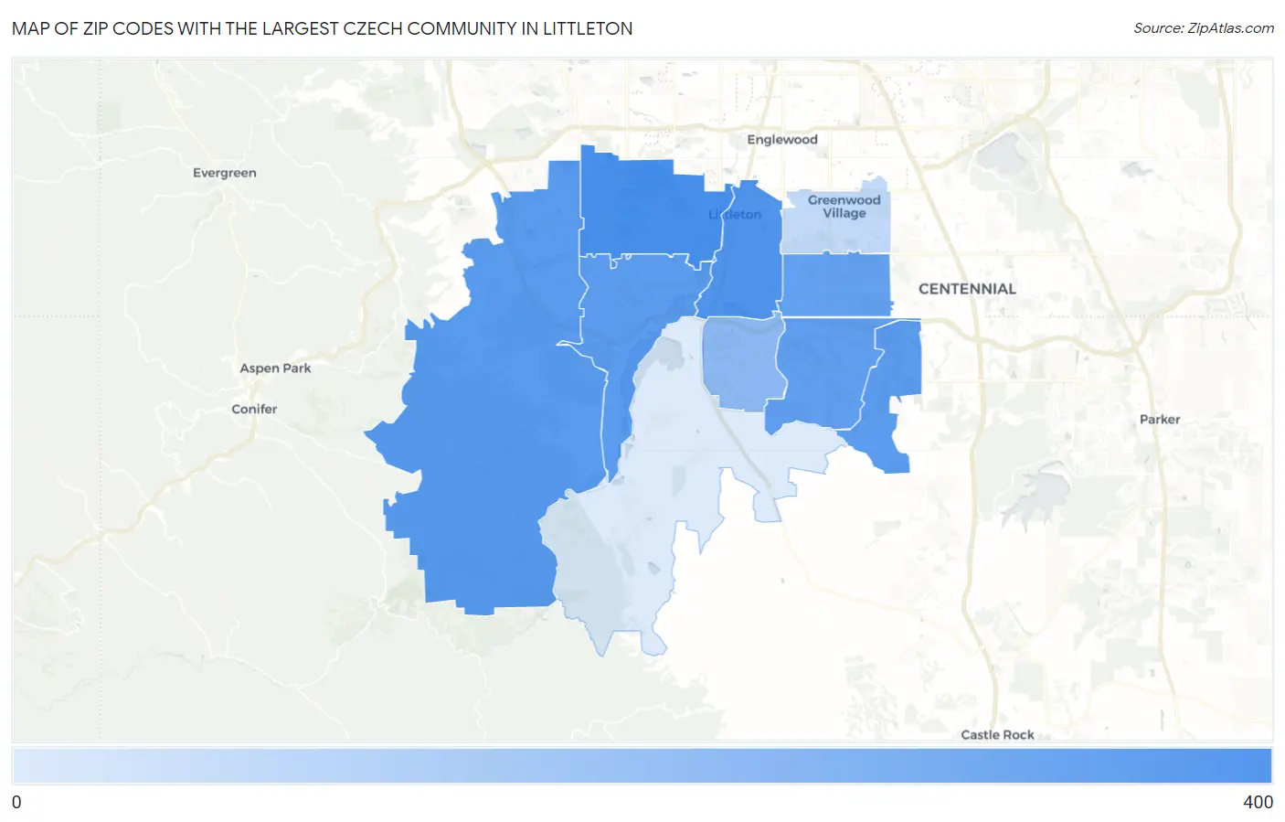 Zip Codes with the Largest Czech Community in Littleton Map