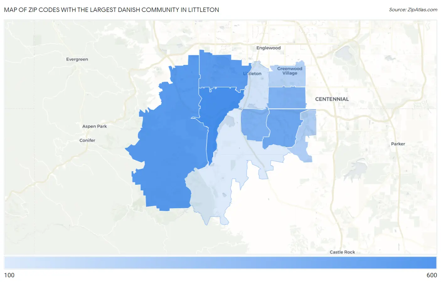 Zip Codes with the Largest Danish Community in Littleton Map