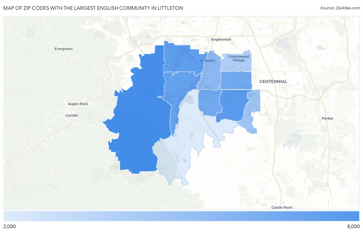 Zip Codes with the Largest English Community in Littleton Map