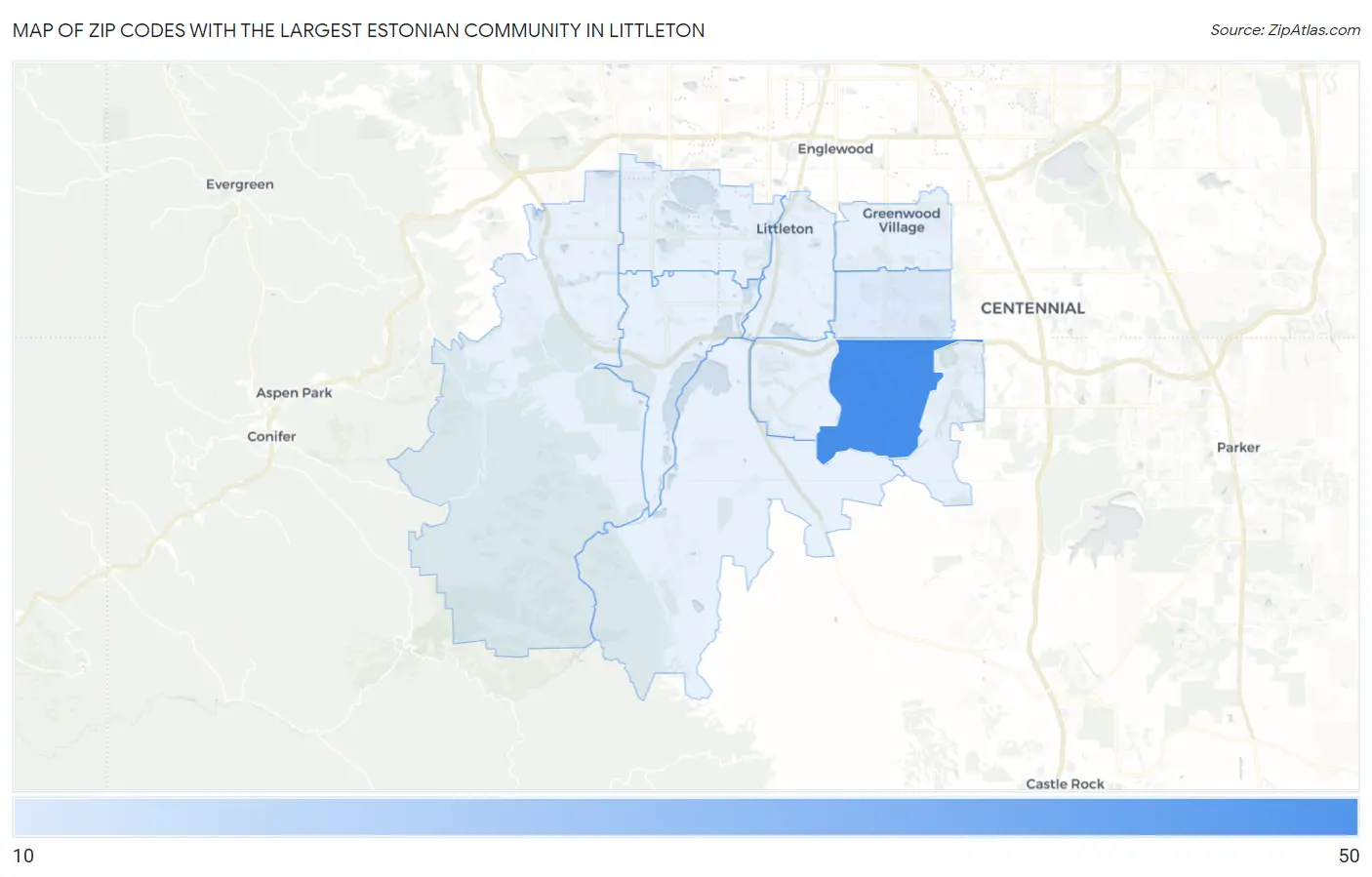 Zip Codes with the Largest Estonian Community in Littleton Map