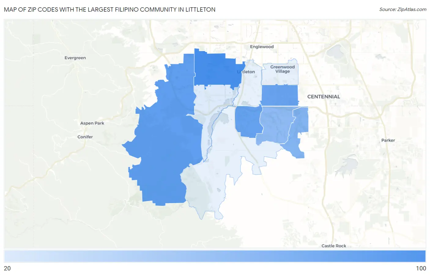 Zip Codes with the Largest Filipino Community in Littleton Map