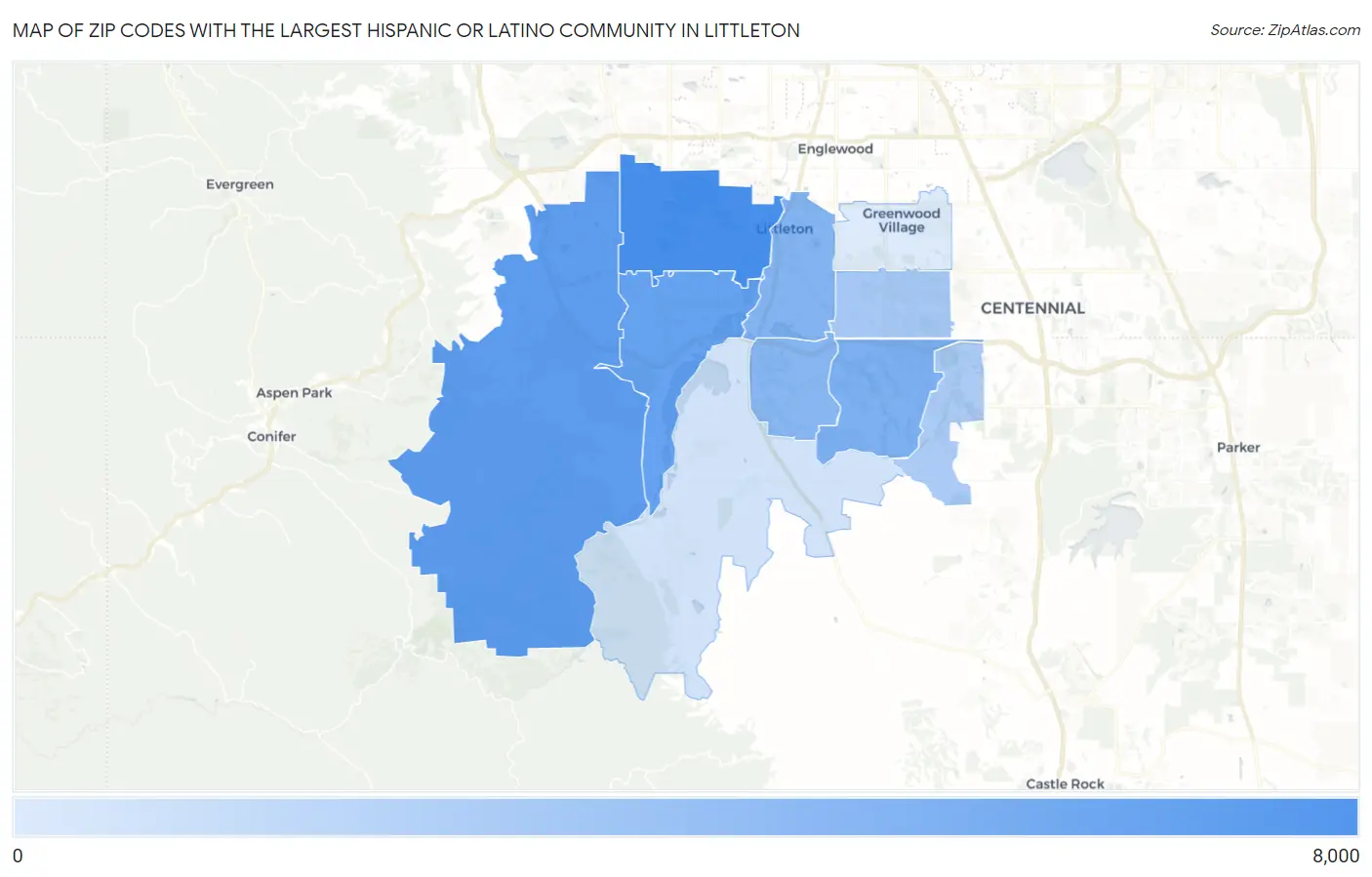 Zip Codes with the Largest Hispanic or Latino Community in Littleton Map