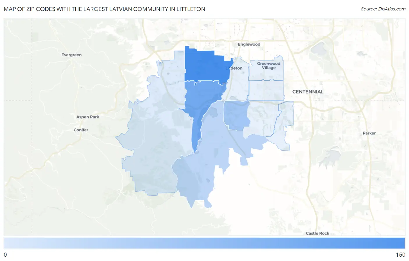 Zip Codes with the Largest Latvian Community in Littleton Map