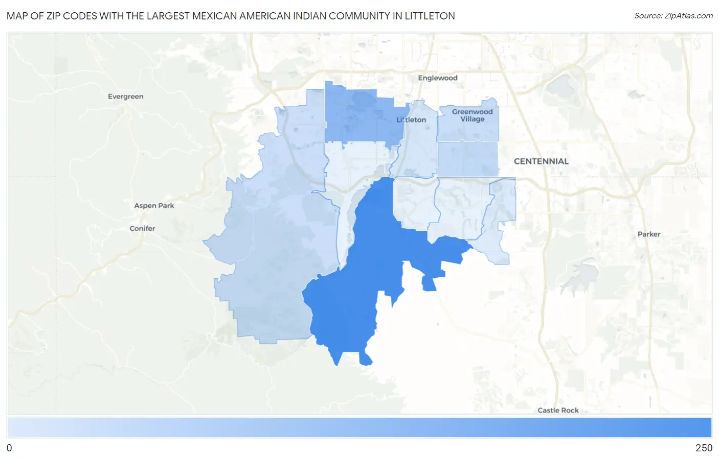 Zip Codes with the Largest Mexican American Indian Community in Littleton Map