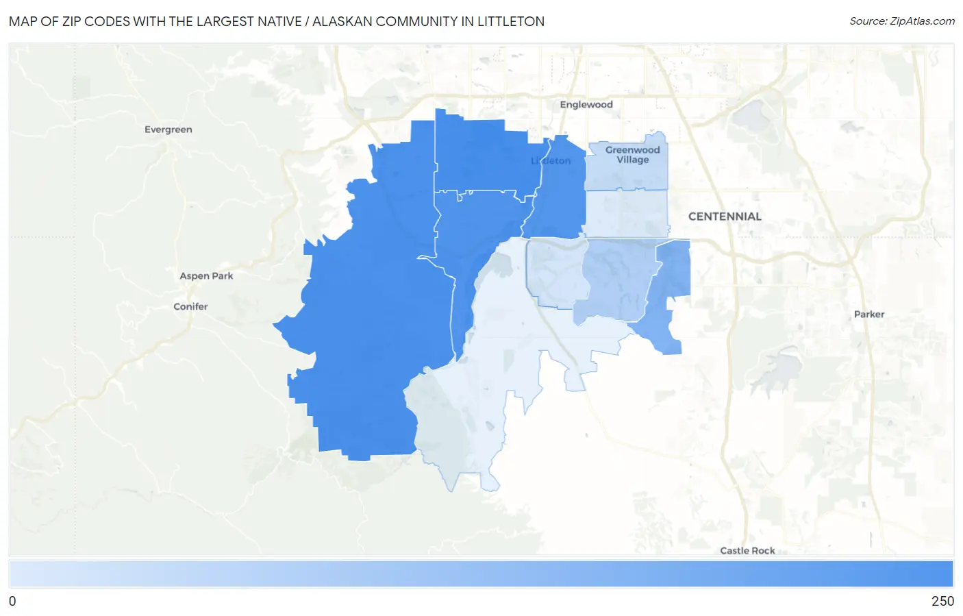 Zip Codes with the Largest Native / Alaskan Community in Littleton Map