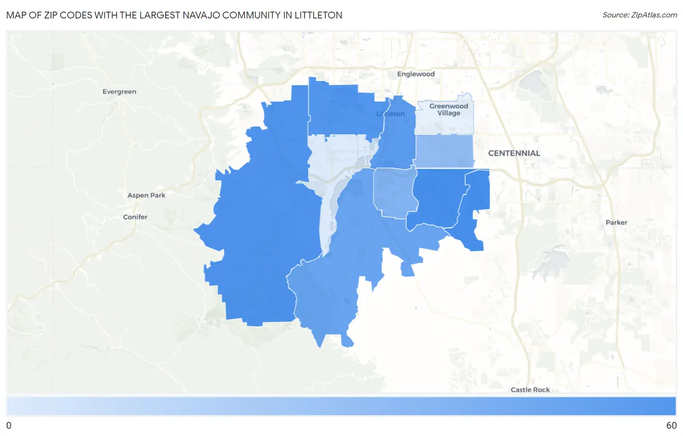 Zip Codes with the Largest Navajo Community in Littleton Map