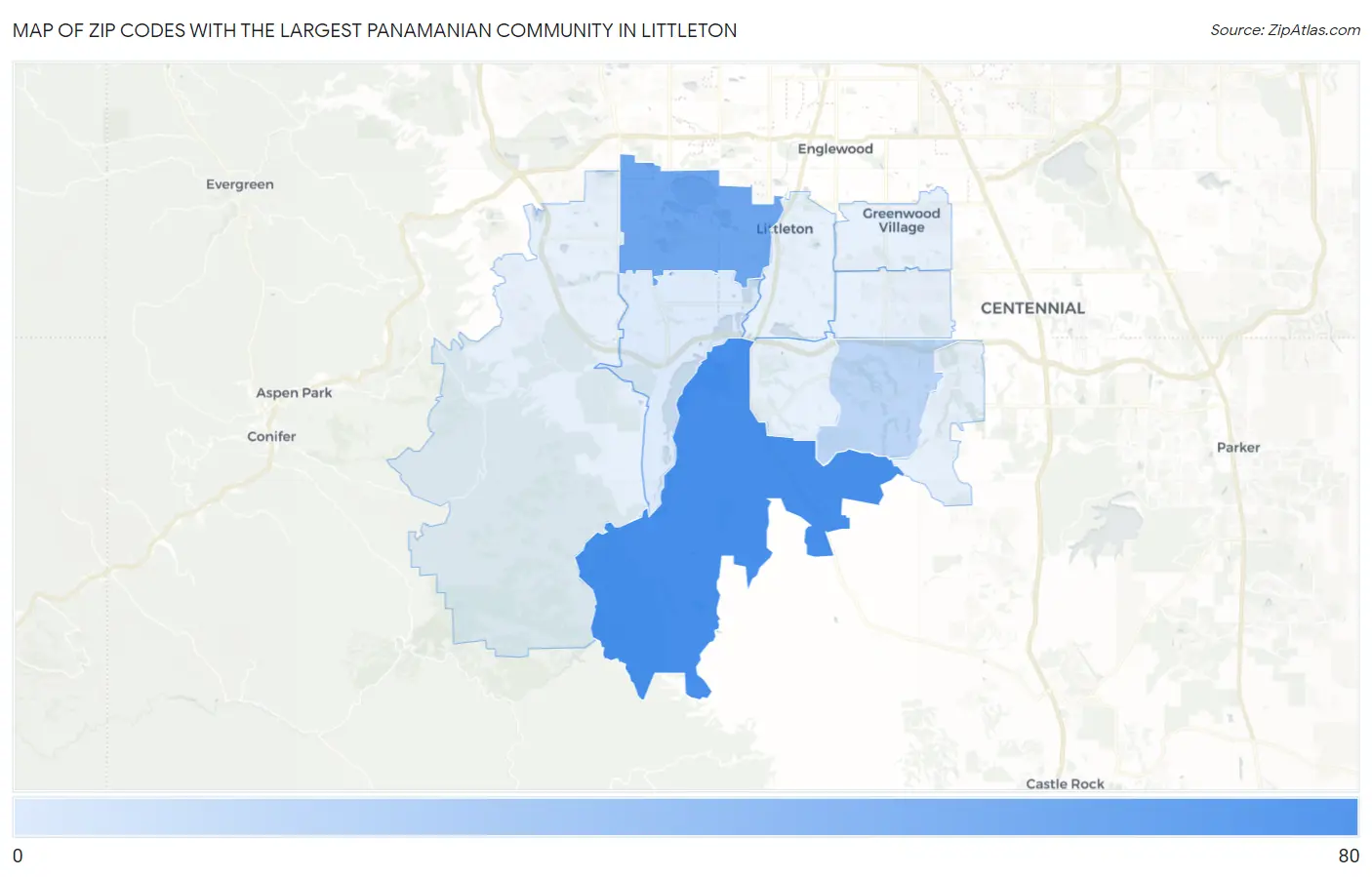 Zip Codes with the Largest Panamanian Community in Littleton Map