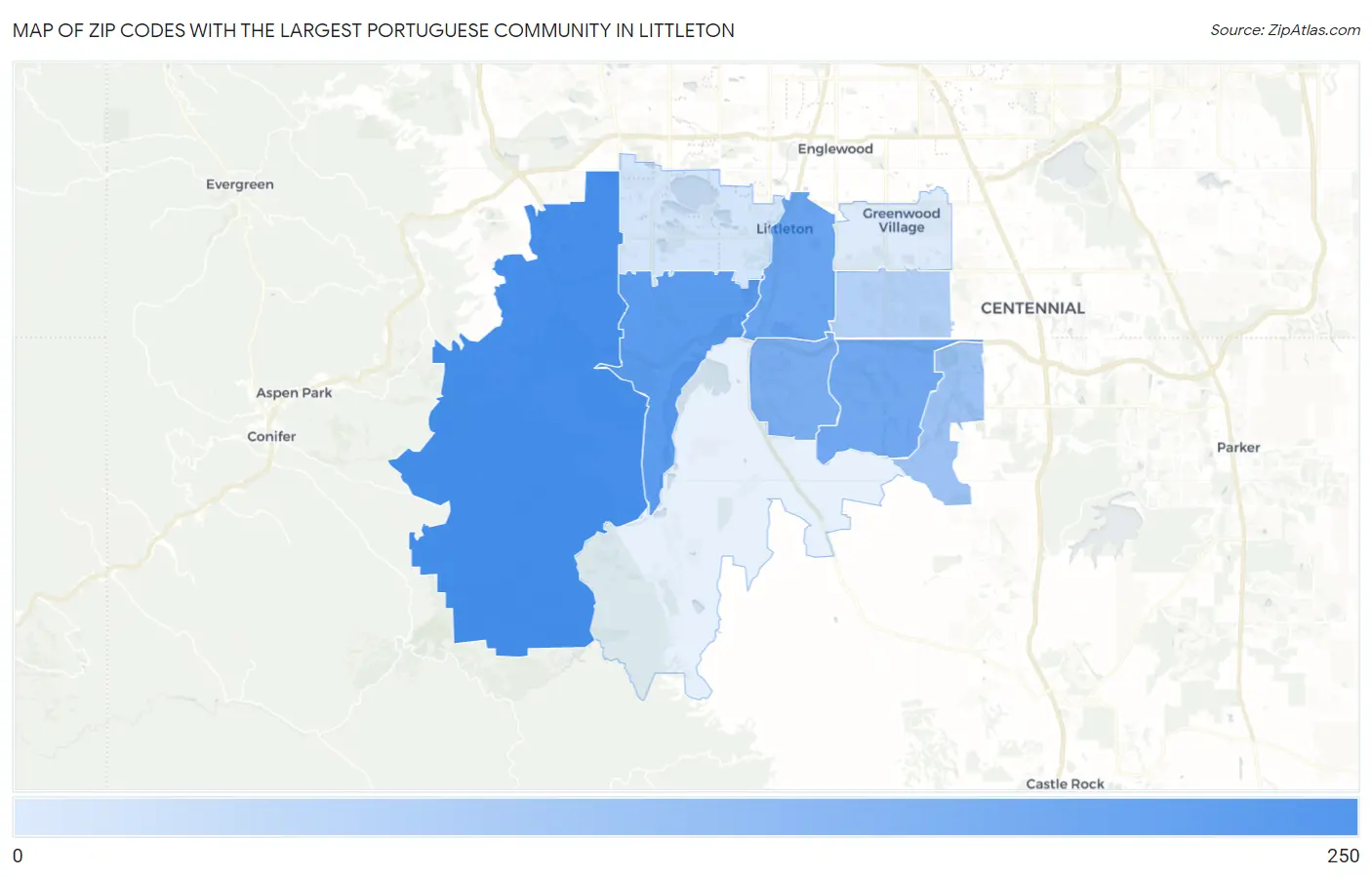 Zip Codes with the Largest Portuguese Community in Littleton Map