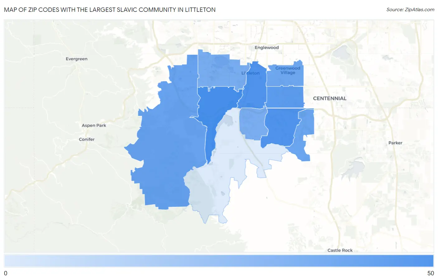 Zip Codes with the Largest Slavic Community in Littleton Map