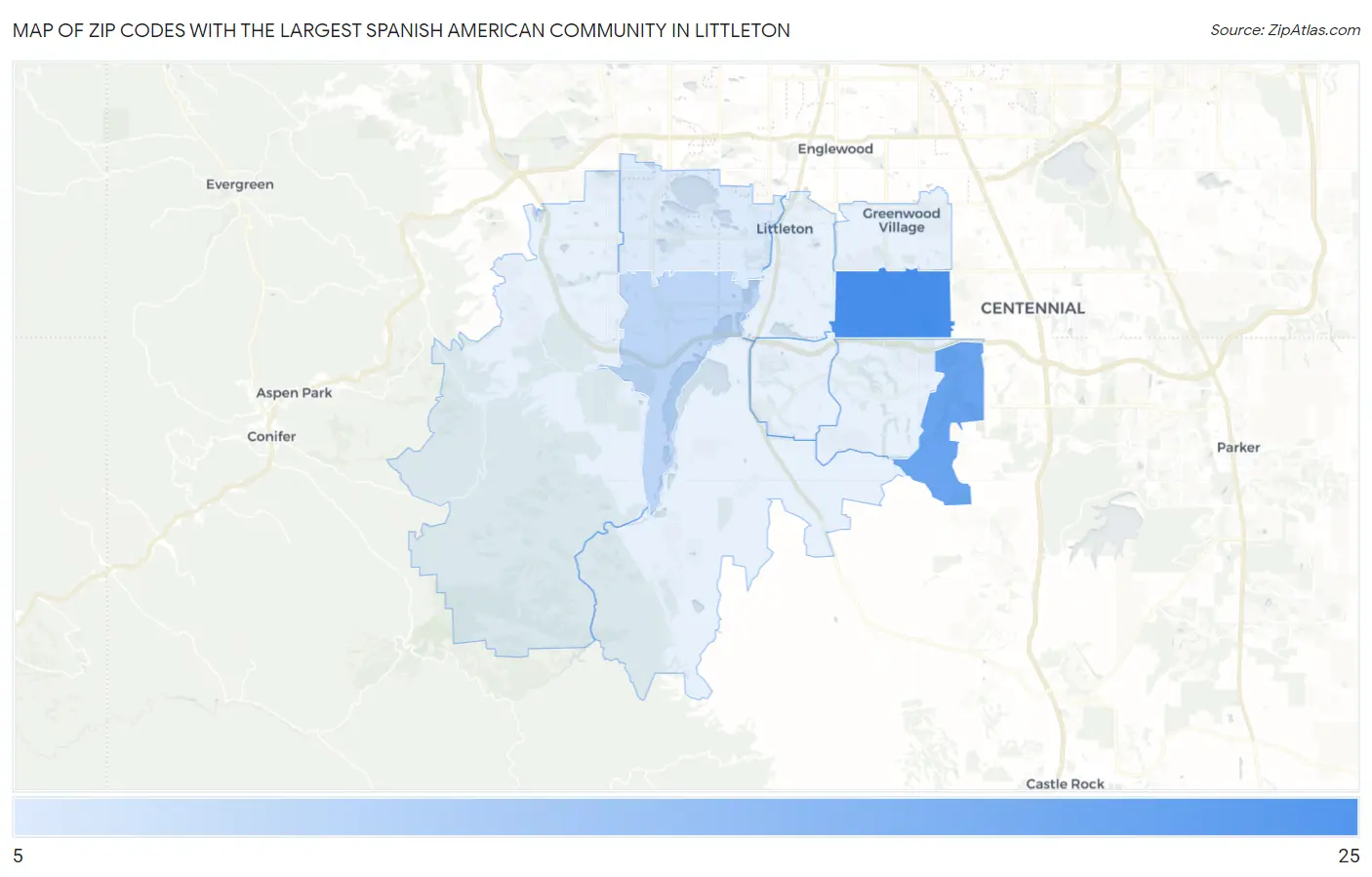Zip Codes with the Largest Spanish American Community in Littleton Map