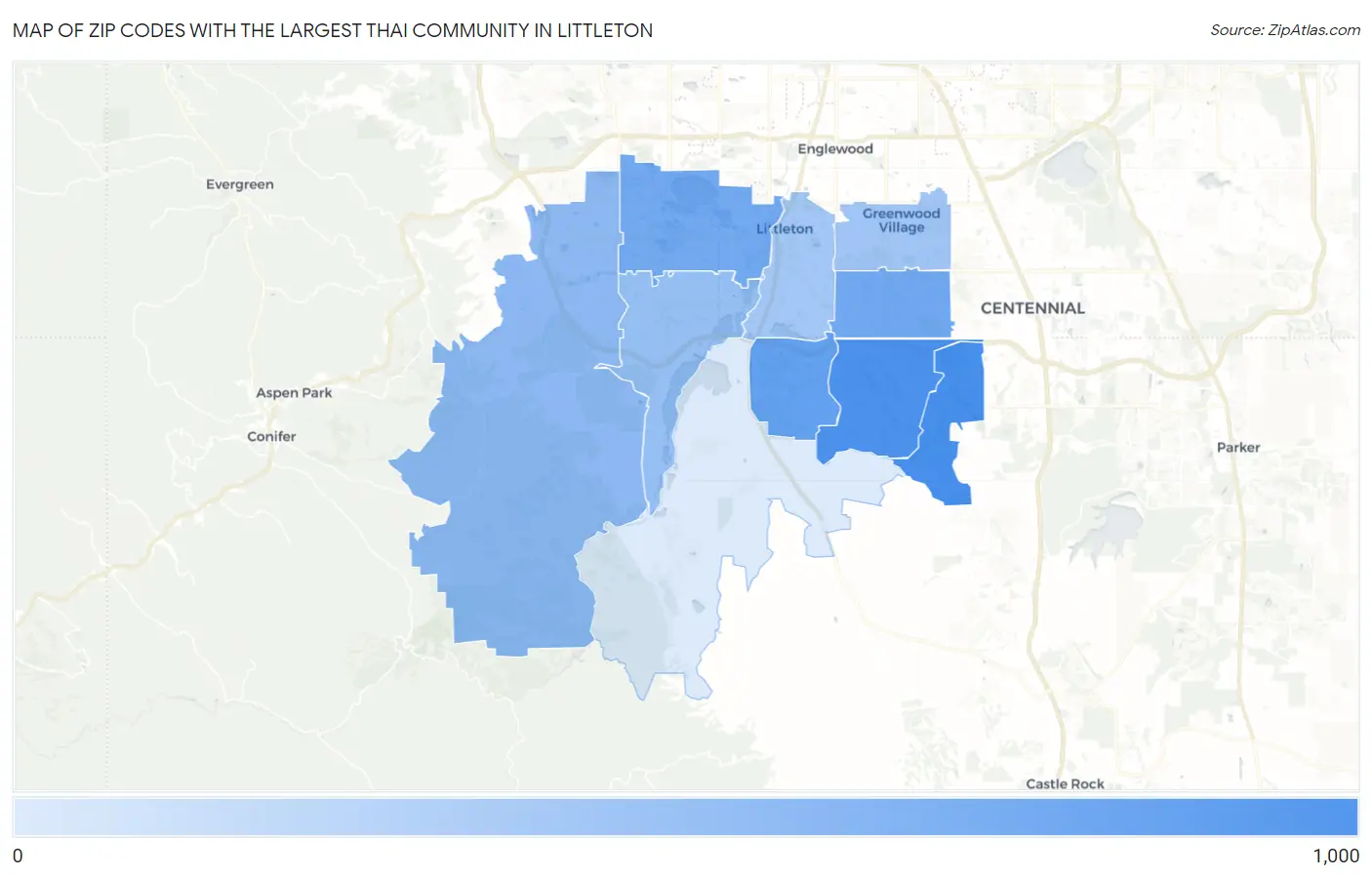 Zip Codes with the Largest Thai Community in Littleton Map